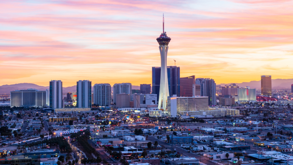 Las Vegas skyline at sunset with the Stratosphere Tower