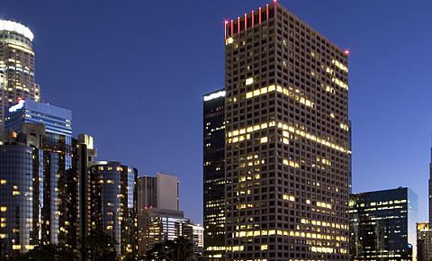 Nighttime photo of tall Los Angeles buildings